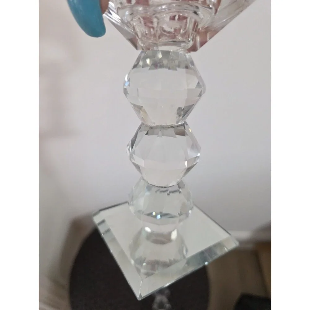 Art Deco CRYSTAL Set of 2  Gemstone Cut PRISM Pillar Candlestick Holder Pair